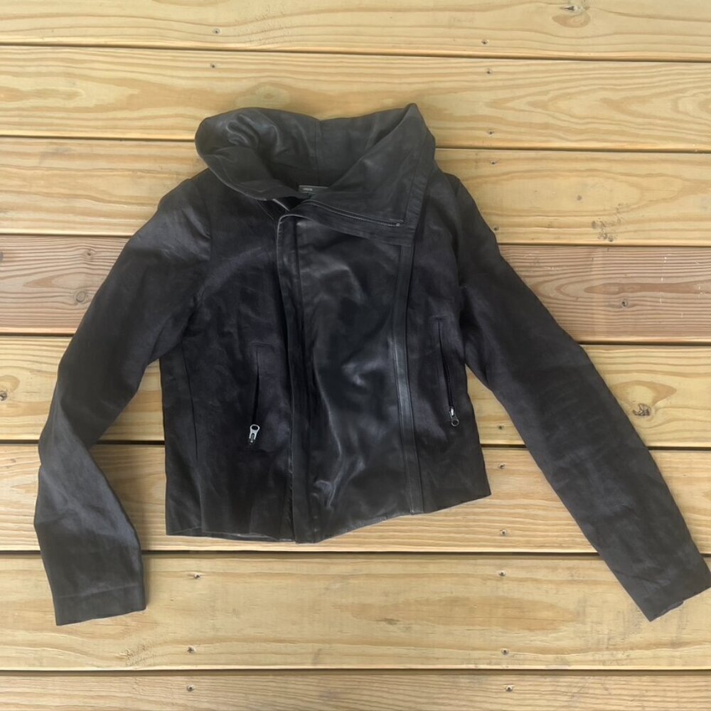 Vince Black Leather Sleeved Moto Jacket Size Large